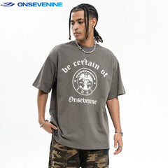 ONSEVENINE Emblem & Gothic Typography Tee