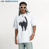 ONSEVENINE Arched Frightened Black Cat Graphic Tee