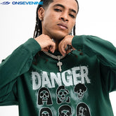 ONSEVENINE "Danger" Skull-Portrait Graphic Long-Sleeve Tee
