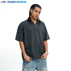 ONSEVENINE Acid-Wash Polo Collar Tee