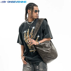 ONSEVENINE Golden Skeletal Hand Ring Graphic Tee