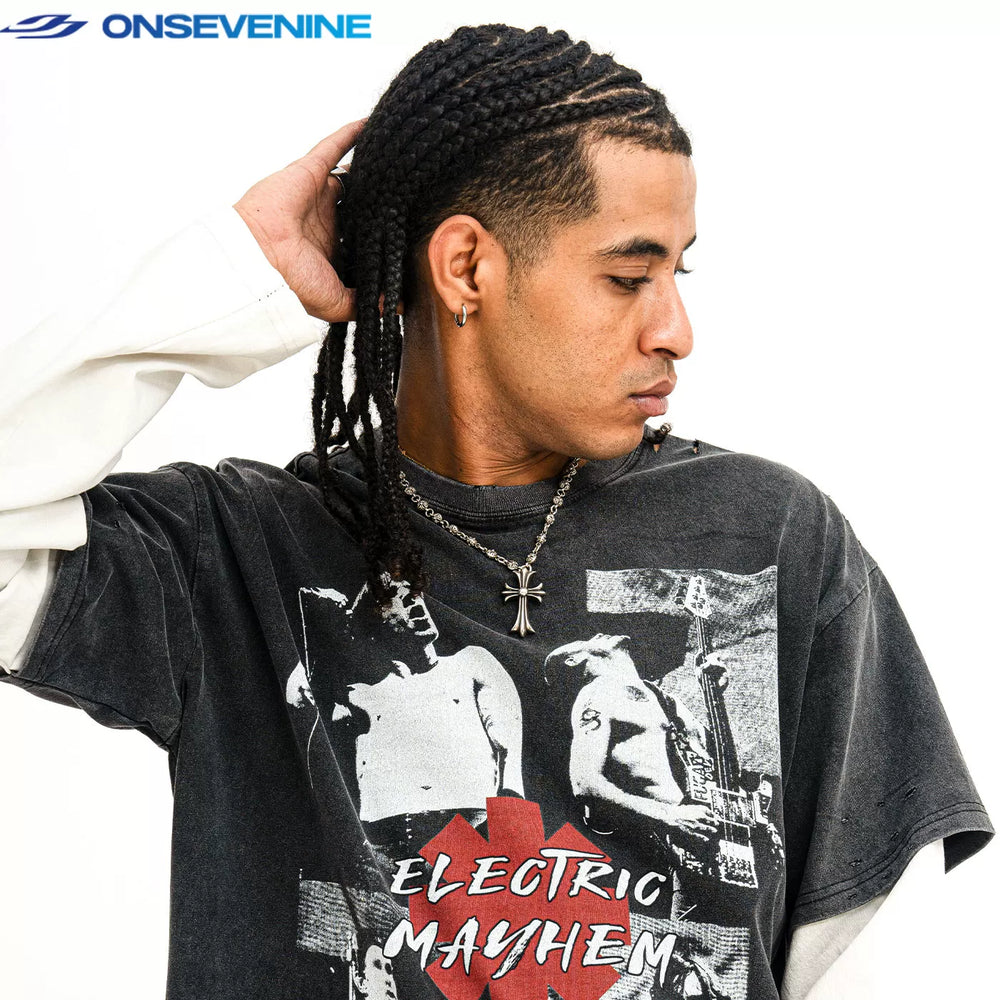 ONSEVENINE "Electric Mayhem" Rock Band Graphic Layered-Effect Tee