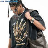 ONSEVENINE Golden Skeletal Hand Ring Graphic Tee