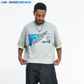 ONSEVENINE Blue Block-Collage Graphic Tee