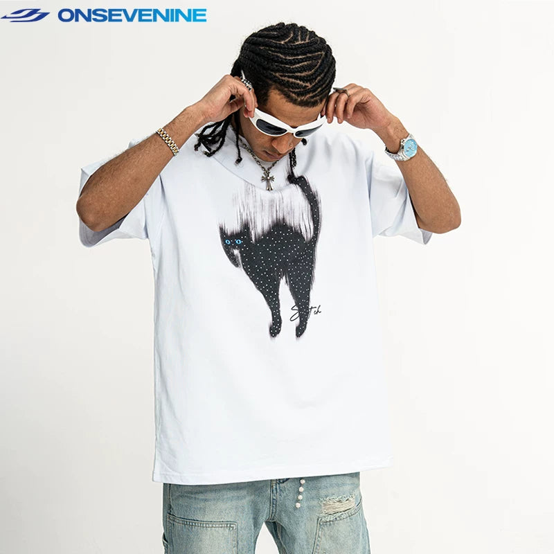 ONSEVENINE Arched Frightened Black Cat Graphic Tee