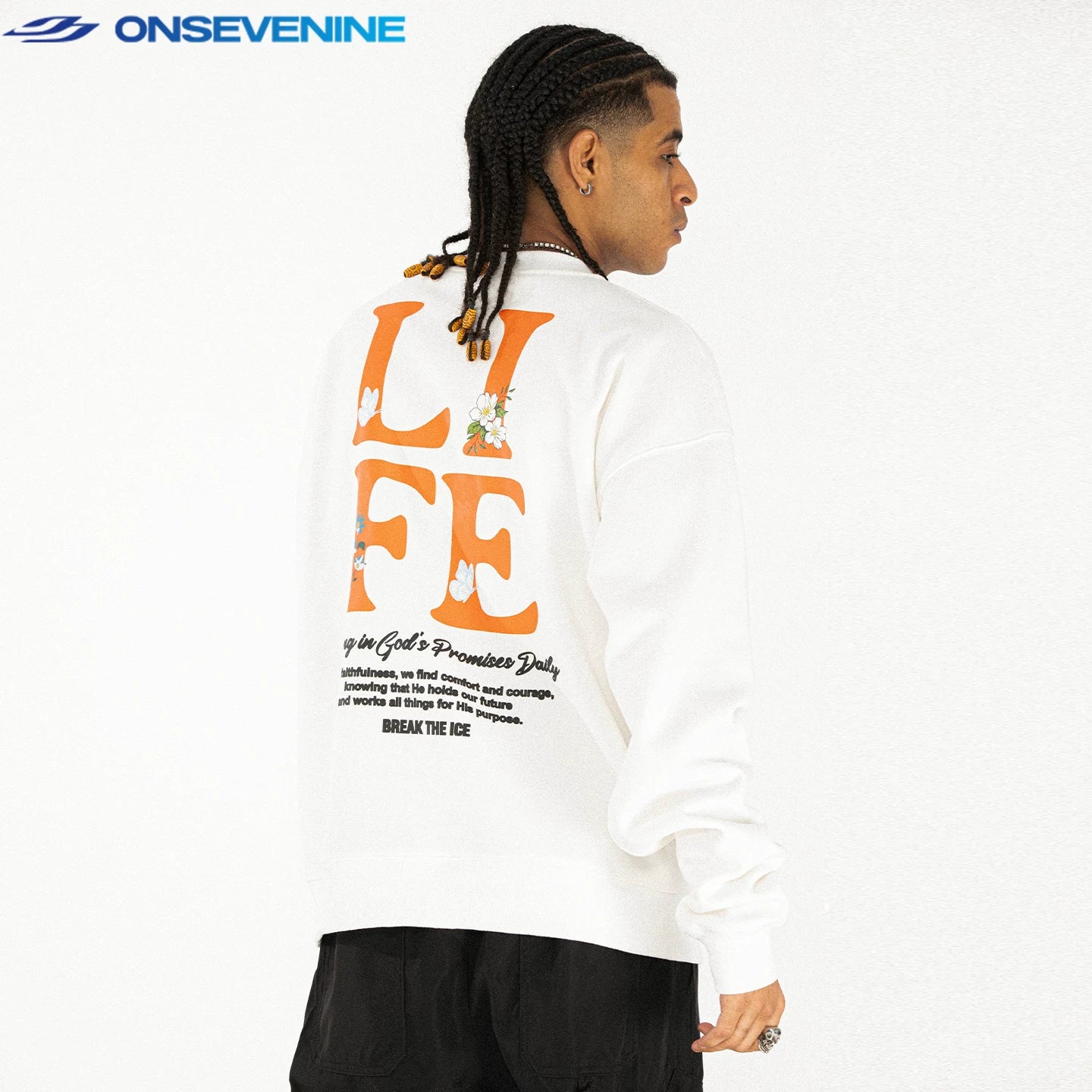 ONSEVENINE "LIFE" Back-Graphic Black Sweatshirt