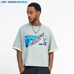ONSEVENINE Blue Block-Collage Graphic Tee