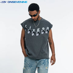 ONSEVENINE "Livges" Face-Collage Acid-Wash Sleeveless Tee