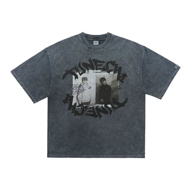 ONSEVENINE Two-Panel Dual Portrait Acid-Wash Graphic Tee