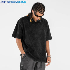 ONSEVENINE Acid-Wash Polo Collar Tee