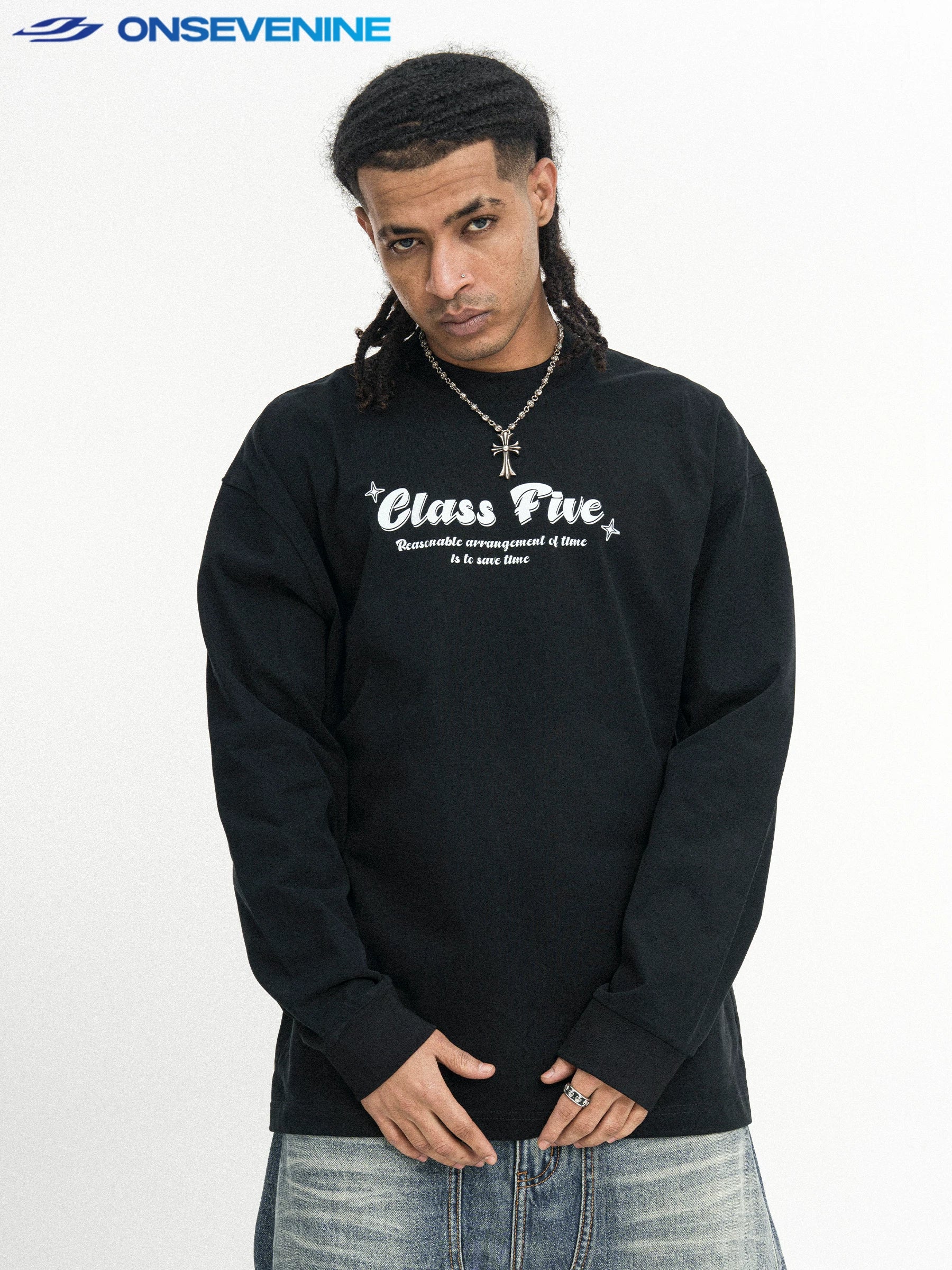 ONSEVENINE "Class Five" Typographic Long-Sleeve Shirt