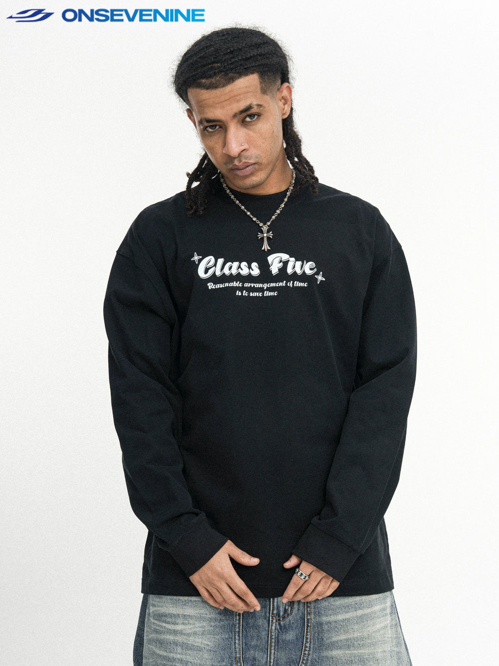 ONSEVENINE "Class Five" Typographic Long-Sleeve Shirt