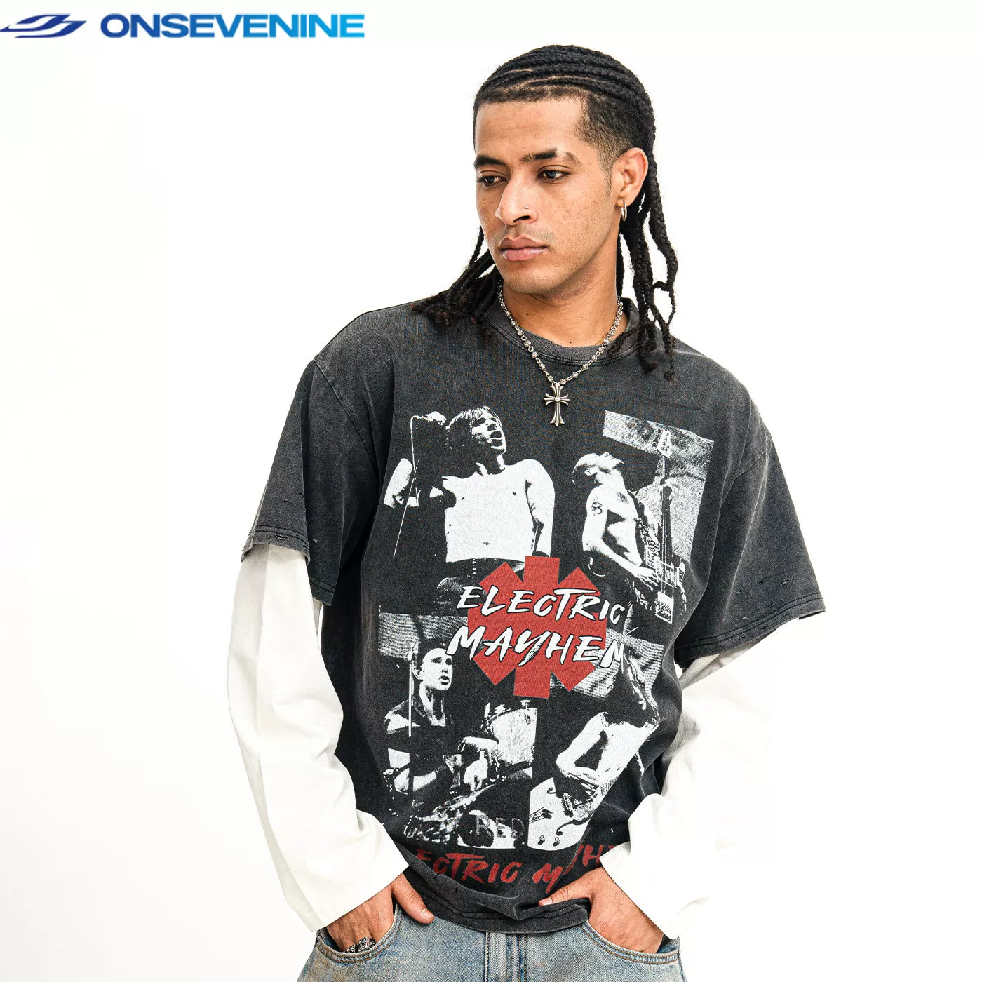 ONSEVENINE "Electric Mayhem" Rock Band Graphic Layered-Effect Tee