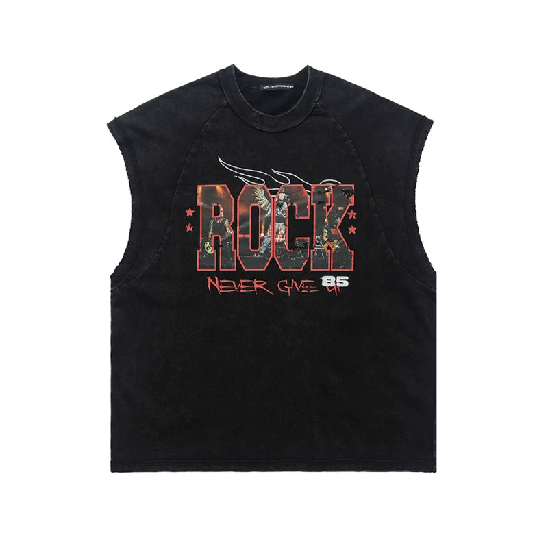 ONSEVENINE "Rock Never Give Up 85" Acid-Wash Sleeveless Tee