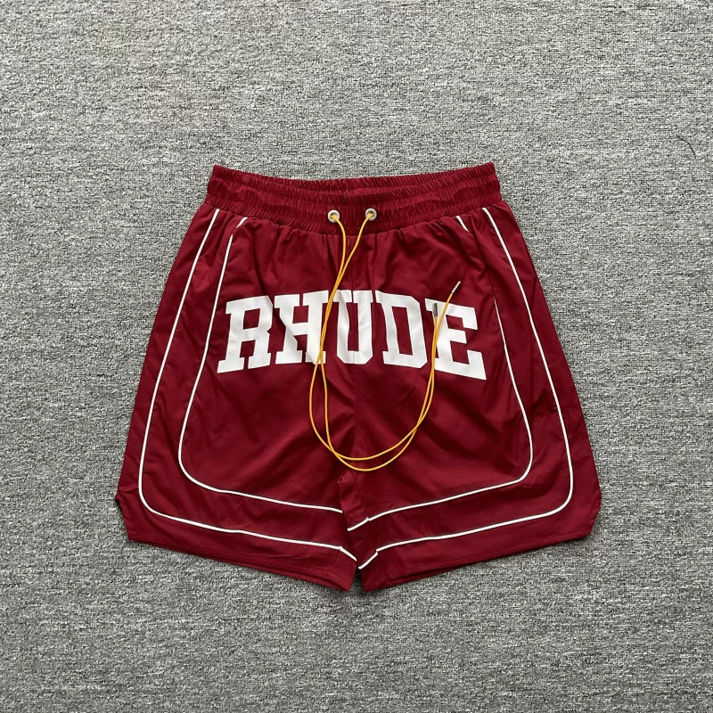 RHUDE Piping Arch Logo Drawstring Athletic Shorts - Maroon / Burgundy