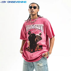 ONSEVENINE "Travis Scott" Pink Acid-Wash Graphic Tee