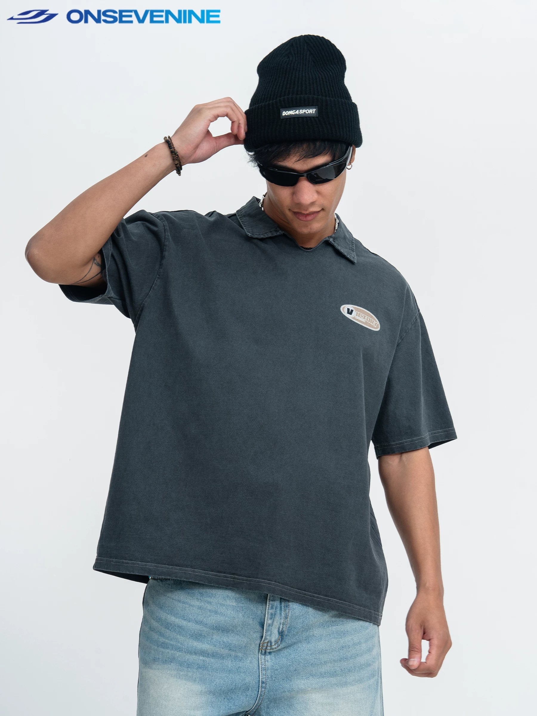 ONSEVENINE Acid-Wash V-Neck Polo Graphic Tee