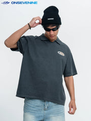 ONSEVENINE Acid-Wash V-Neck Polo Graphic Tee