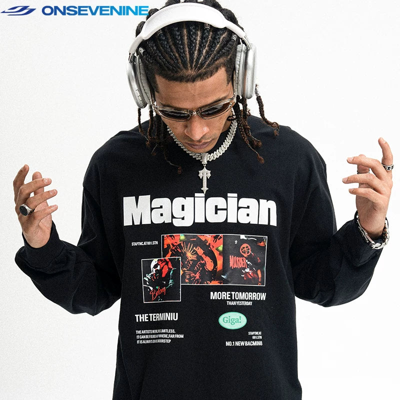 ONSEVENINE "Magician" Collage Graphic Long-Sleeve Tee