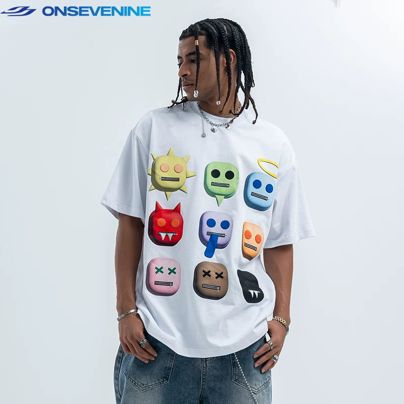 ONSEVENINE 3D Emoji Character Grid Graphic Tee