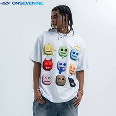 ONSEVENINE 3D Emoji Character Grid Graphic Tee