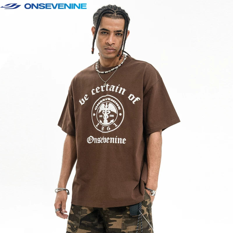 ONSEVENINE Emblem & Gothic Typography Tee