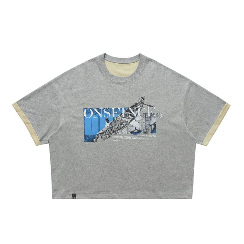ONSEVENINE Blue Block-Collage Graphic Tee