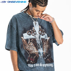 ONSEVENINE Grasping Hands Cross Graphic Tee