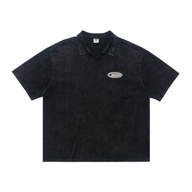 ONSEVENINE Acid-Wash V-Neck Polo Graphic Tee