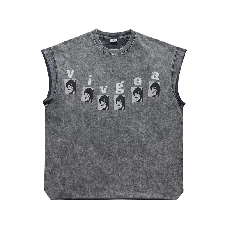 ONSEVENINE "Livges" Face-Collage Acid-Wash Sleeveless Tee