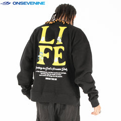 ONSEVENINE "LIFE" Back-Graphic Black Sweatshirt