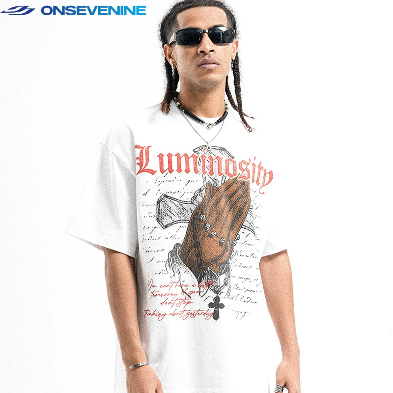 ONSEVENINE "Luminosity" Praying Hands Graphic Tee