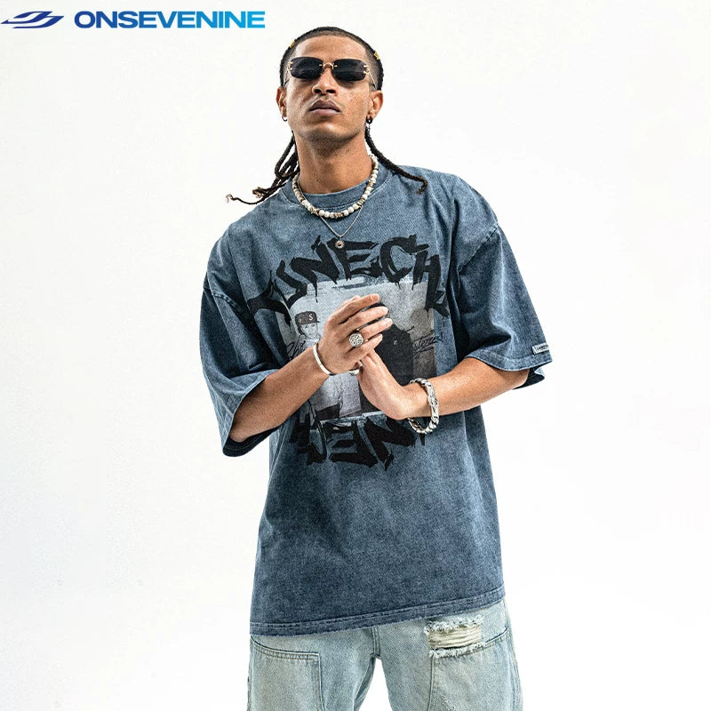 ONSEVENINE Two-Panel Dual Portrait Acid-Wash Graphic Tee