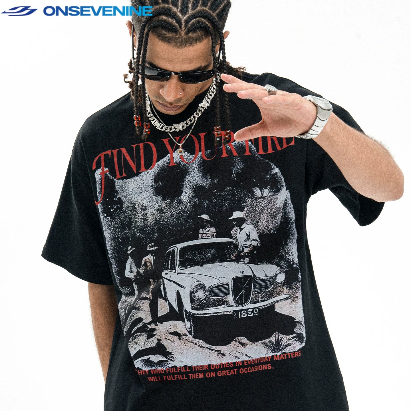 ONSEVENINE "Find Your Fire" Vintage Car Graphic Tee
