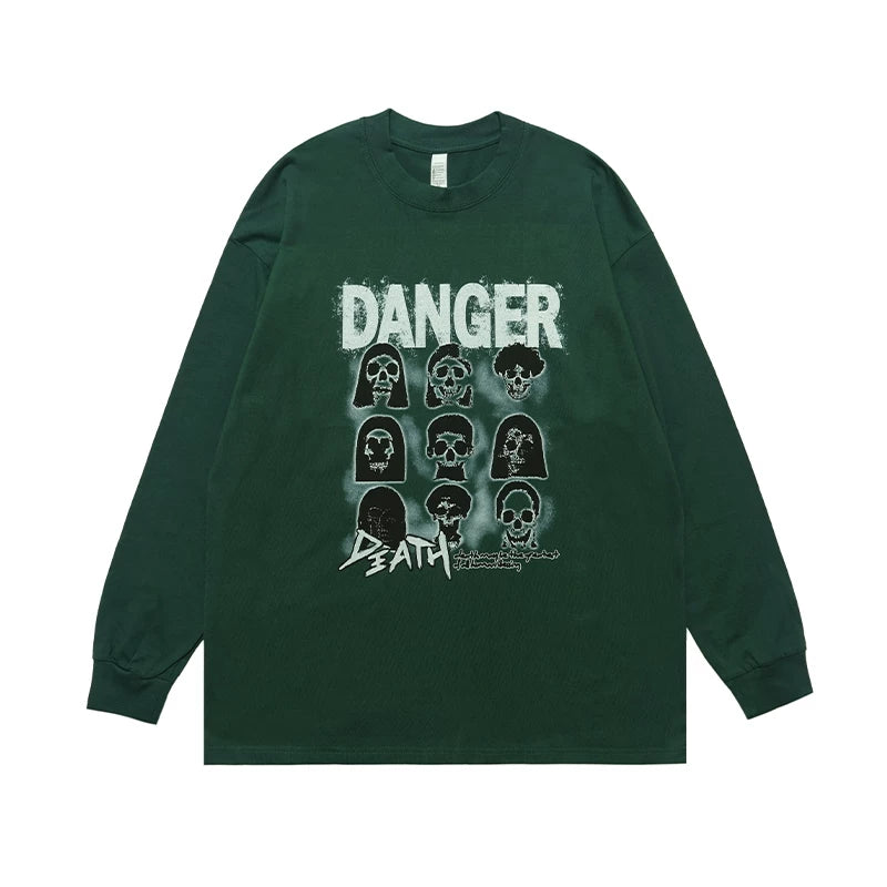 ONSEVENINE "Danger" Skull-Portrait Graphic Long-Sleeve Tee