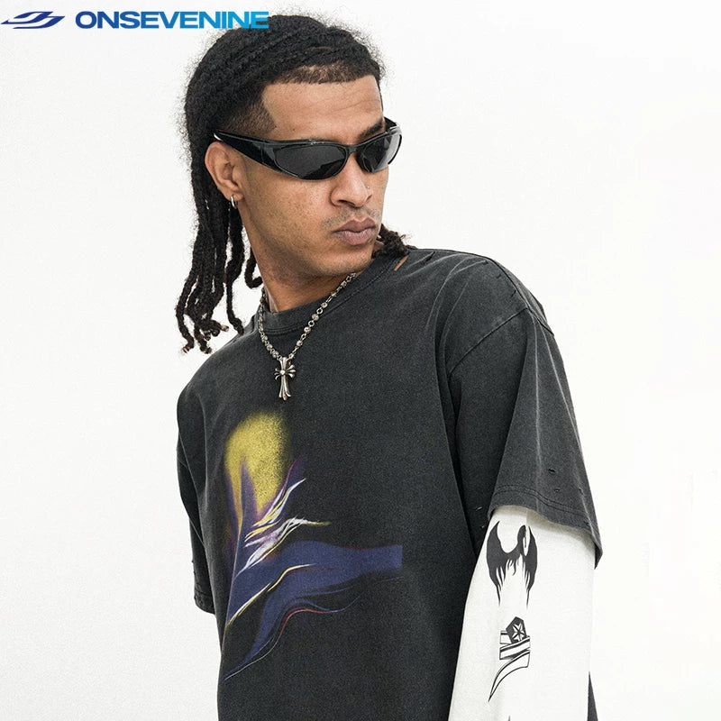 ONSEVENINE Abstract Spray-Graphic Layered-Effect Tee
