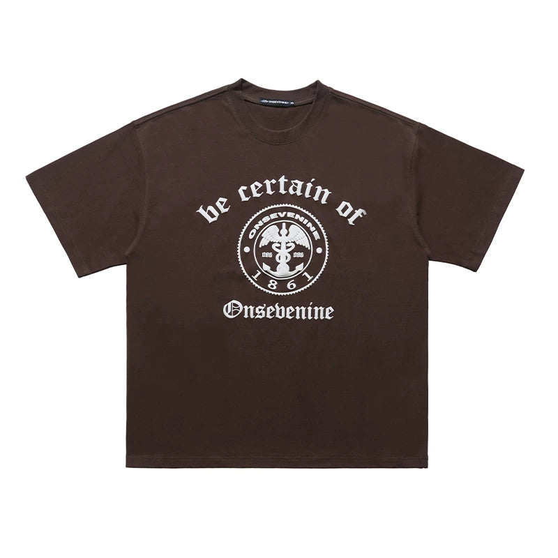 ONSEVENINE Emblem & Gothic Typography Tee