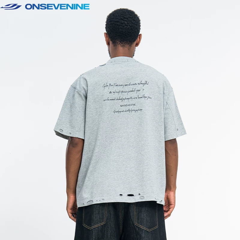 ONSEVENINE Distressed Minimalist Black Tee