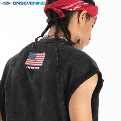 ONSEVENINE "Rock Never Give Up 85" Acid-Wash Sleeveless Tee