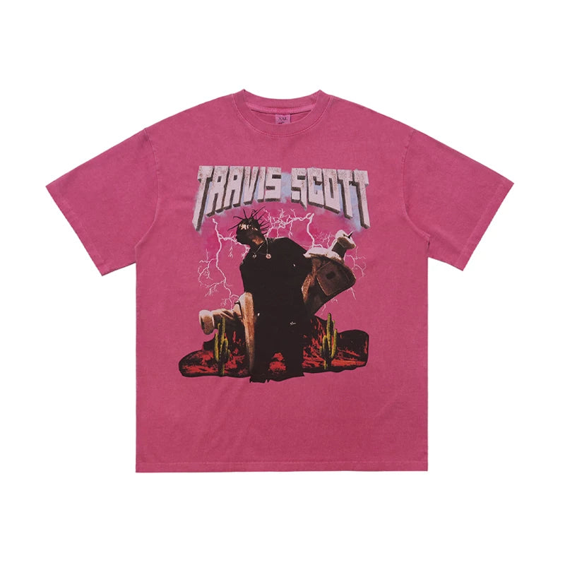 ONSEVENINE "Travis Scott" Pink Acid-Wash Graphic Tee