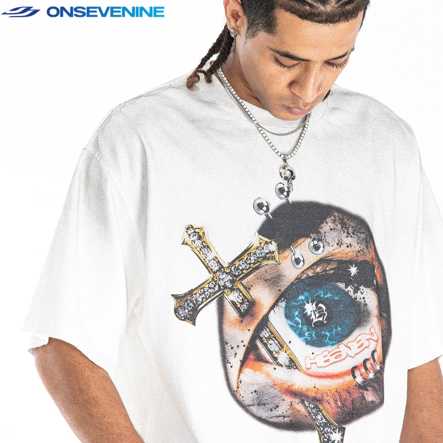 ONSEVENINE "Heaven" Eye and Cross Graphic Tee