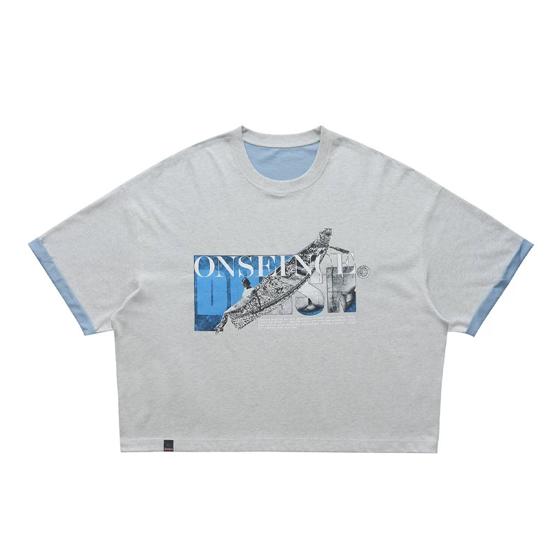 ONSEVENINE Blue Block-Collage Graphic Tee