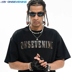 ONSEVENINE Snakeskin-Applique Lettered Black Tee