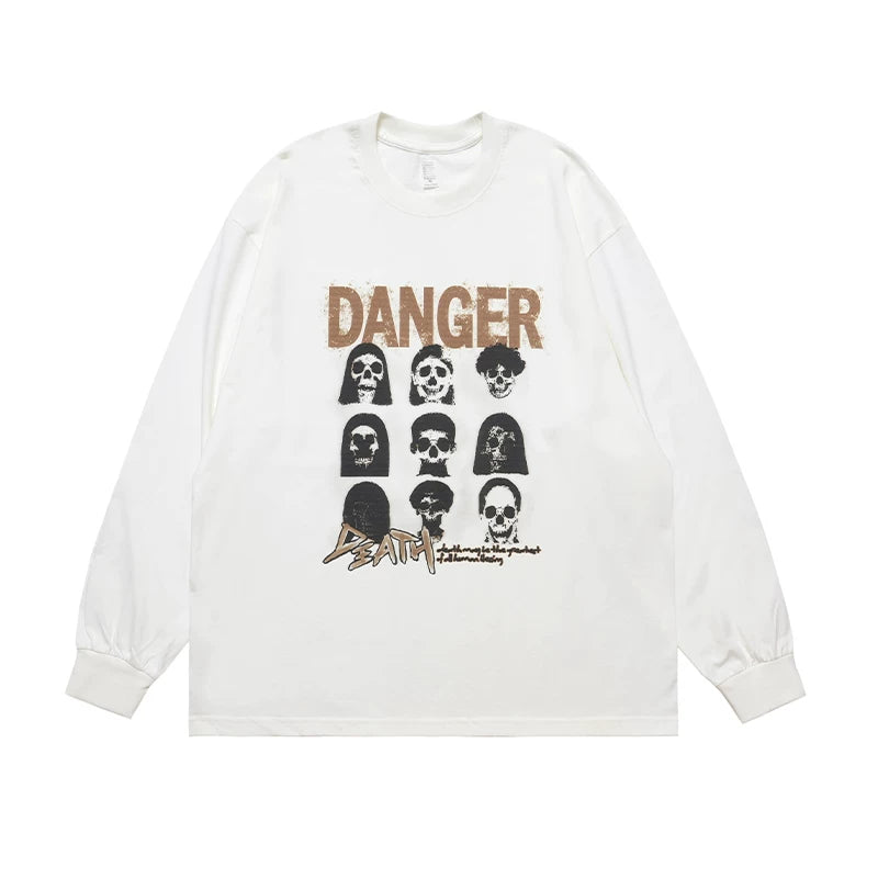 ONSEVENINE "Danger" Skull-Portrait Graphic Long-Sleeve Tee