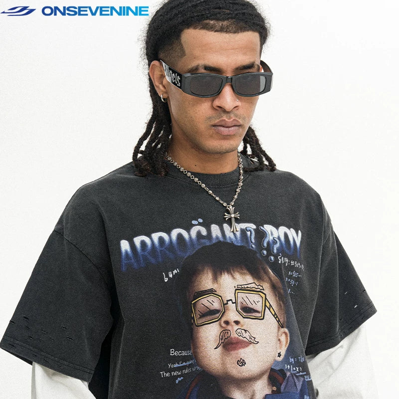 ONSEVENINE "Arrogant Boy" Graphic Layered-Effect Tee