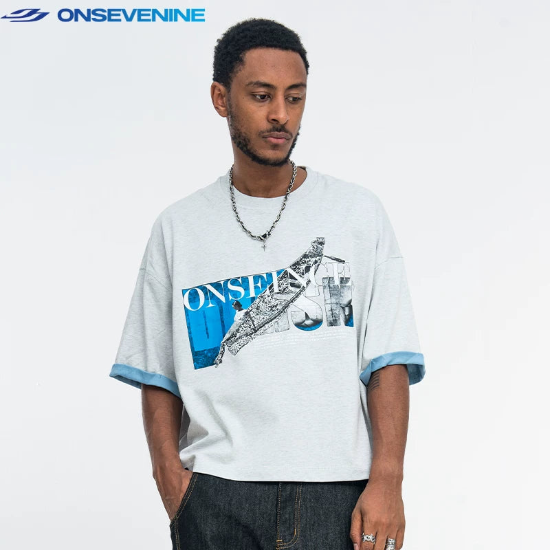 ONSEVENINE Blue Block-Collage Graphic Tee