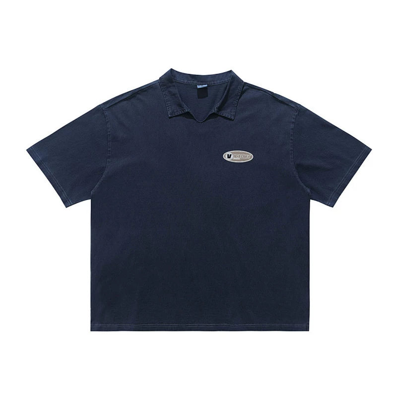 ONSEVENINE Acid-Wash V-Neck Polo Graphic Tee