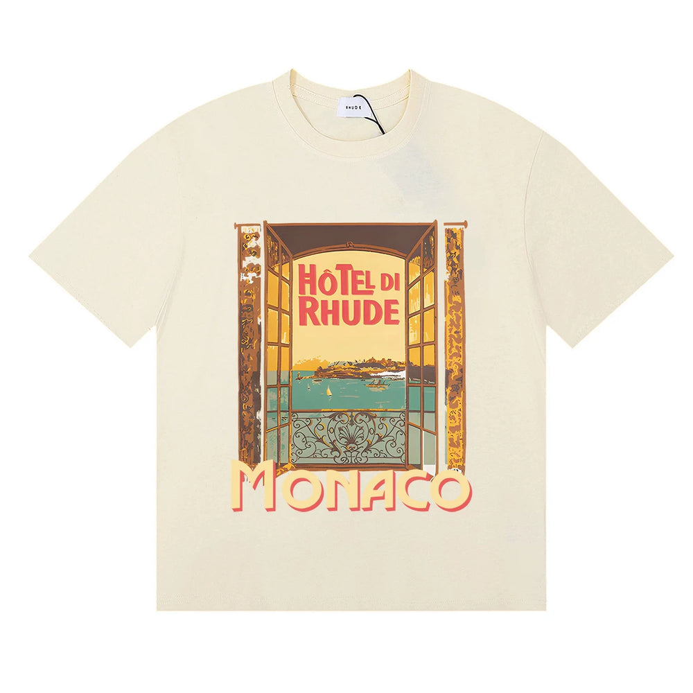 RHUDE "Hotel Di Rhude Monaco" Graphic Print T-Shirt - Cream