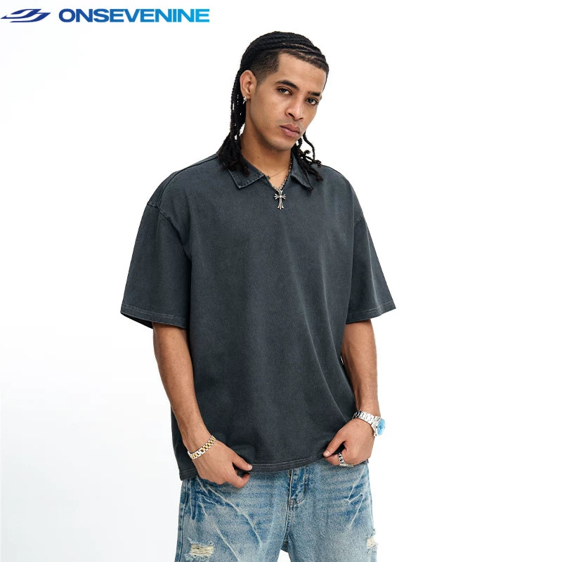 ONSEVENINE Acid-Wash Polo Collar Tee