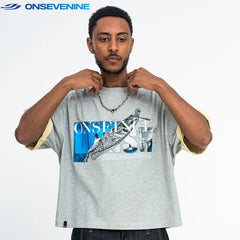 ONSEVENINE Blue Block-Collage Graphic Tee